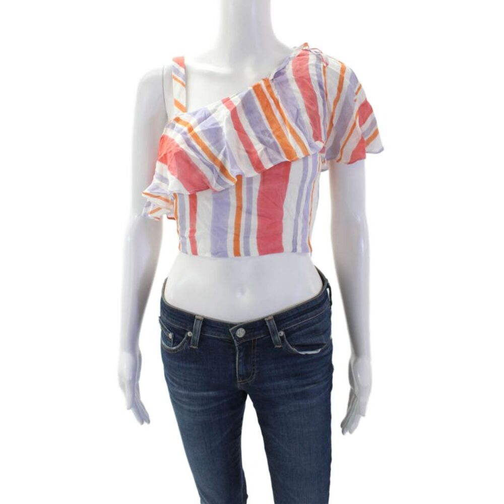 L Academie Womens One Shoulder Striped Crop Top White Purple Red Size 2XS
